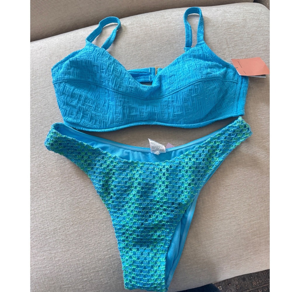 Wild Fable Shade & Shore Blue Bikini Set Underwire Top 38DD High Leg Bottoms XL